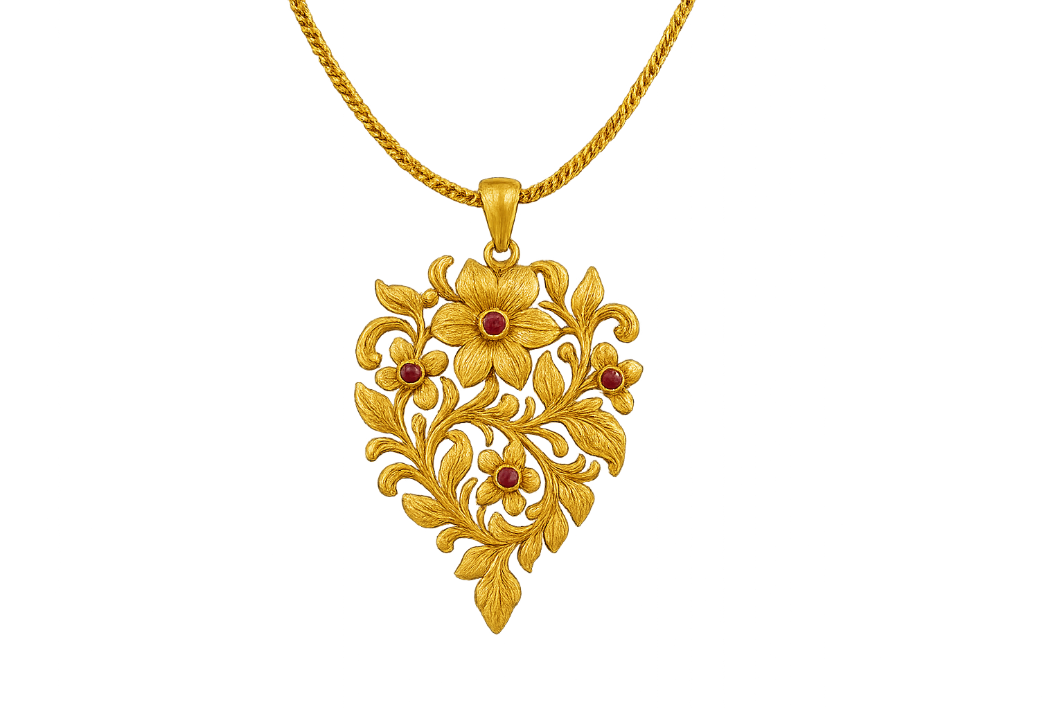 Elegant 22KT gold pendant necklace with intricate floral design. Perfect for festive and daily wear. with ruby no background png fomat