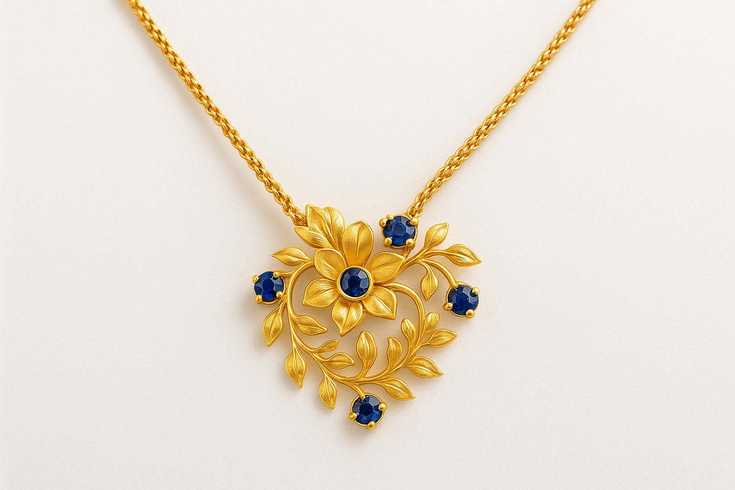Elegant 22KT gold pendant necklace with intricate floral design. Perfect for festive and daily wear. with sapphire Elegant 22KT gold pendant necklace with intricate floral design. Perfect for festive and daily wear. 