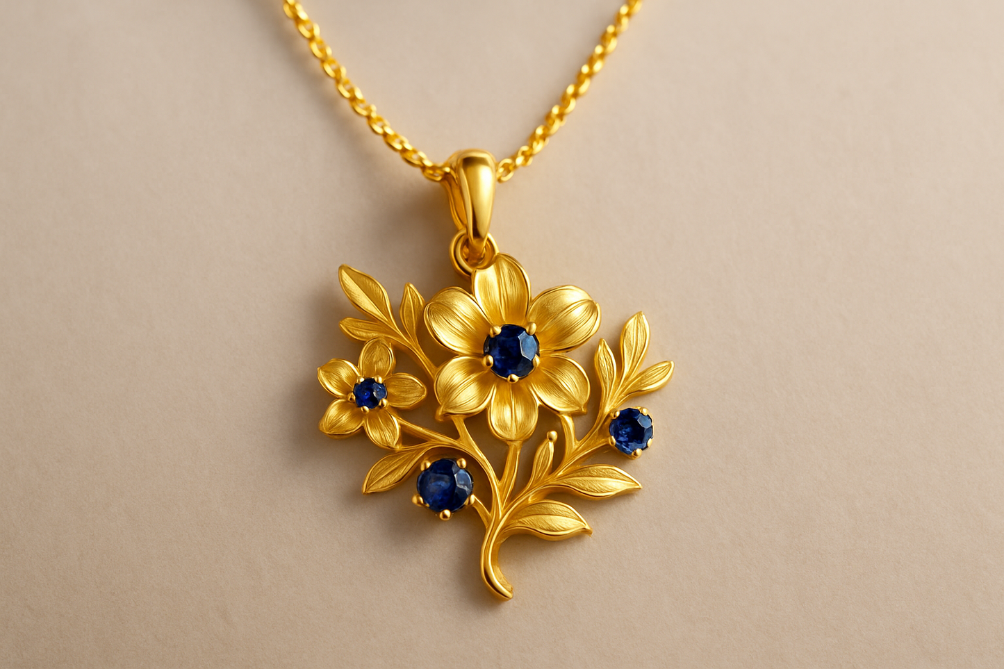 Elegant 22KT gold pendant necklace with intricate floral design. Perfect for festive and daily wear. with sapphire Elegant 22KT gold pendant necklace with intricate floral design. Perfect for festive and daily wear. 