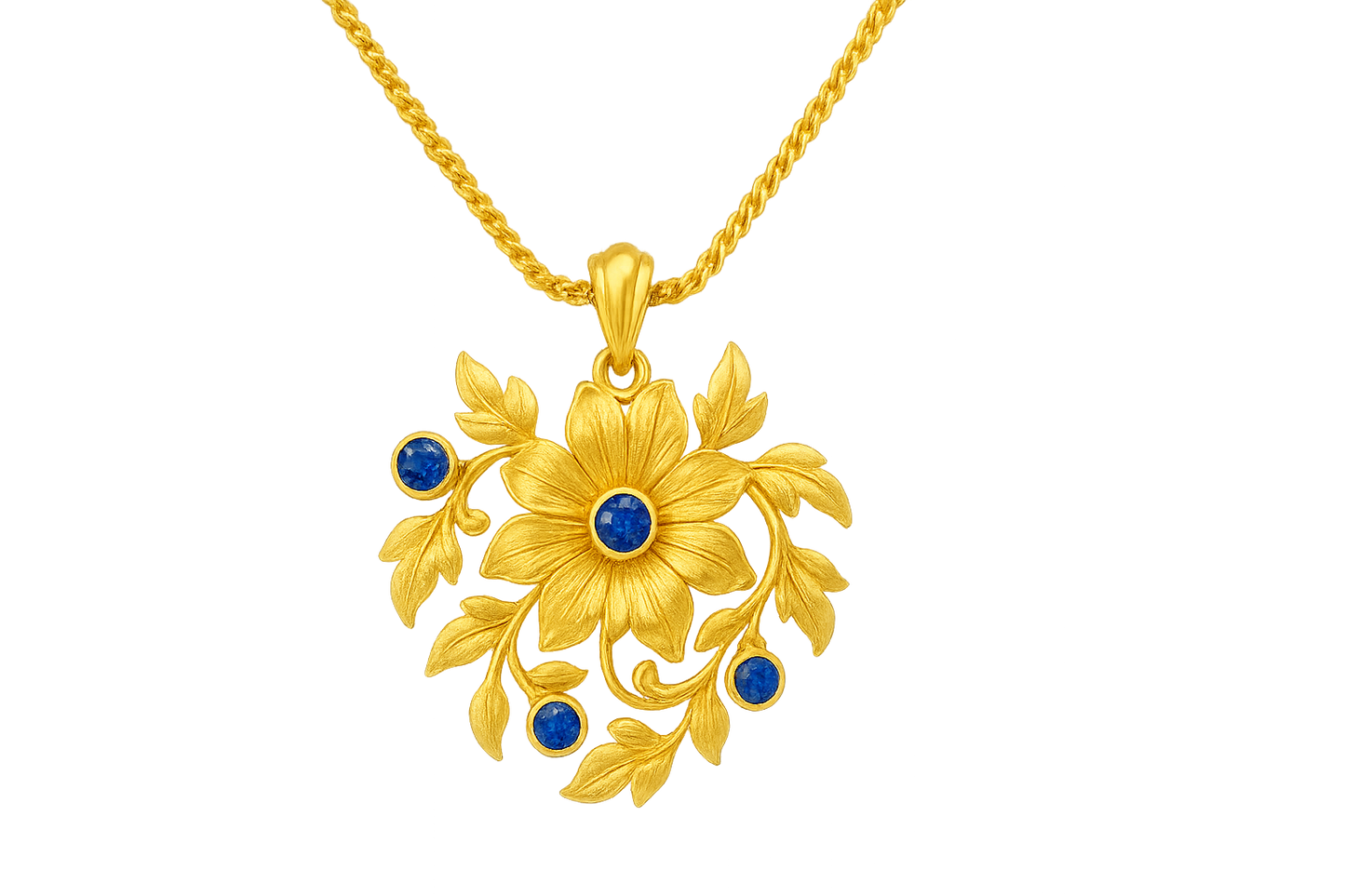 Elegant 22KT gold pendant necklace with intricate floral design. Perfect for festive and daily wear. with sapphire give the image in format no background 