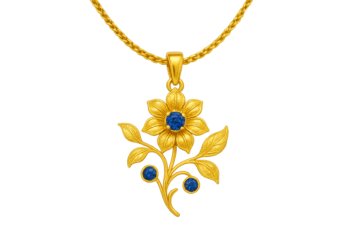 Elegant 22KT gold pendant necklace with intricate floral design. Perfect for festive and daily wear. with sapphire give the image in format no background 