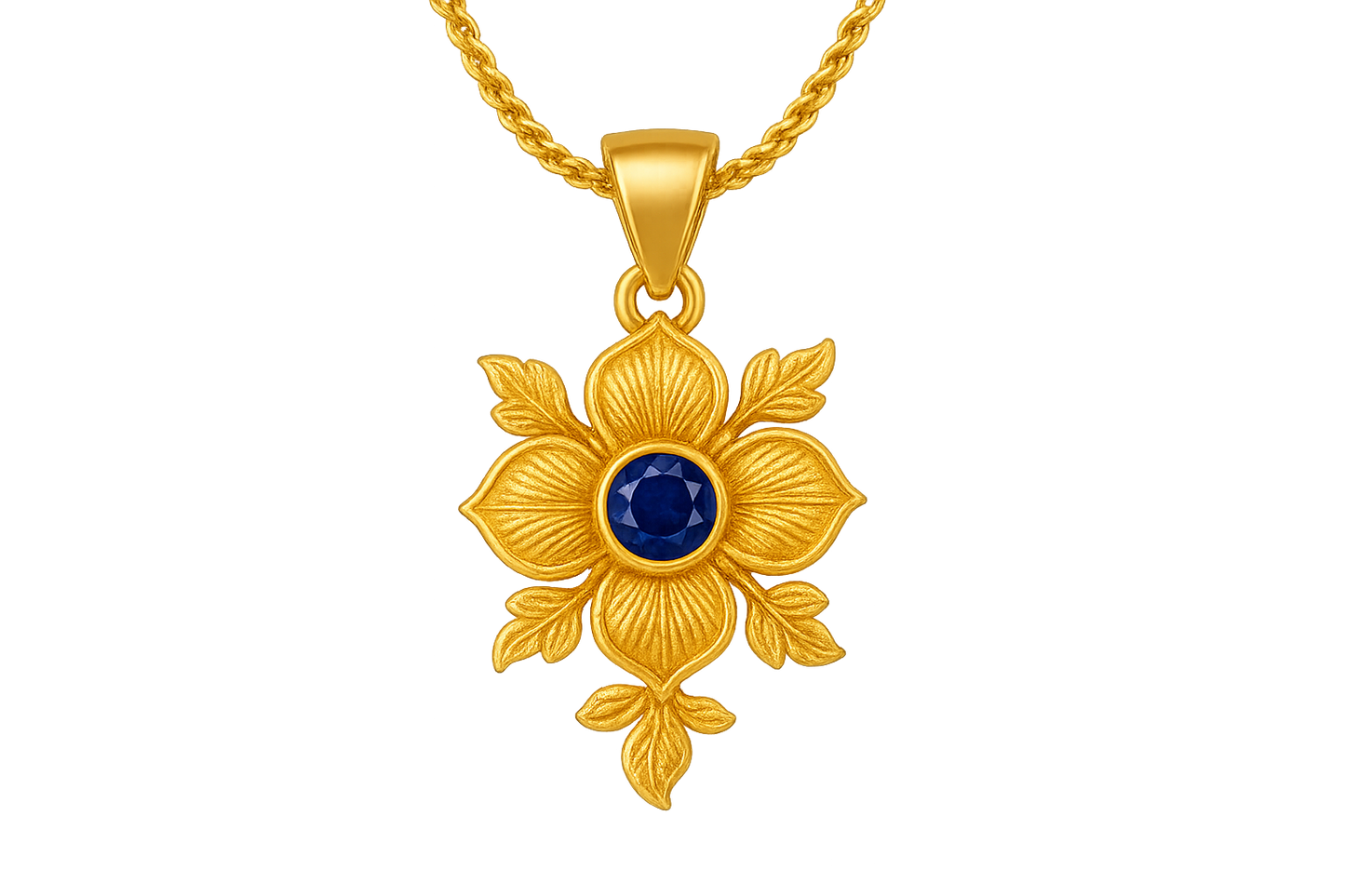 Elegant 22KT gold pendant necklace with intricate floral design. Perfect for festive and daily wear. with sapphire give the image in format no background 