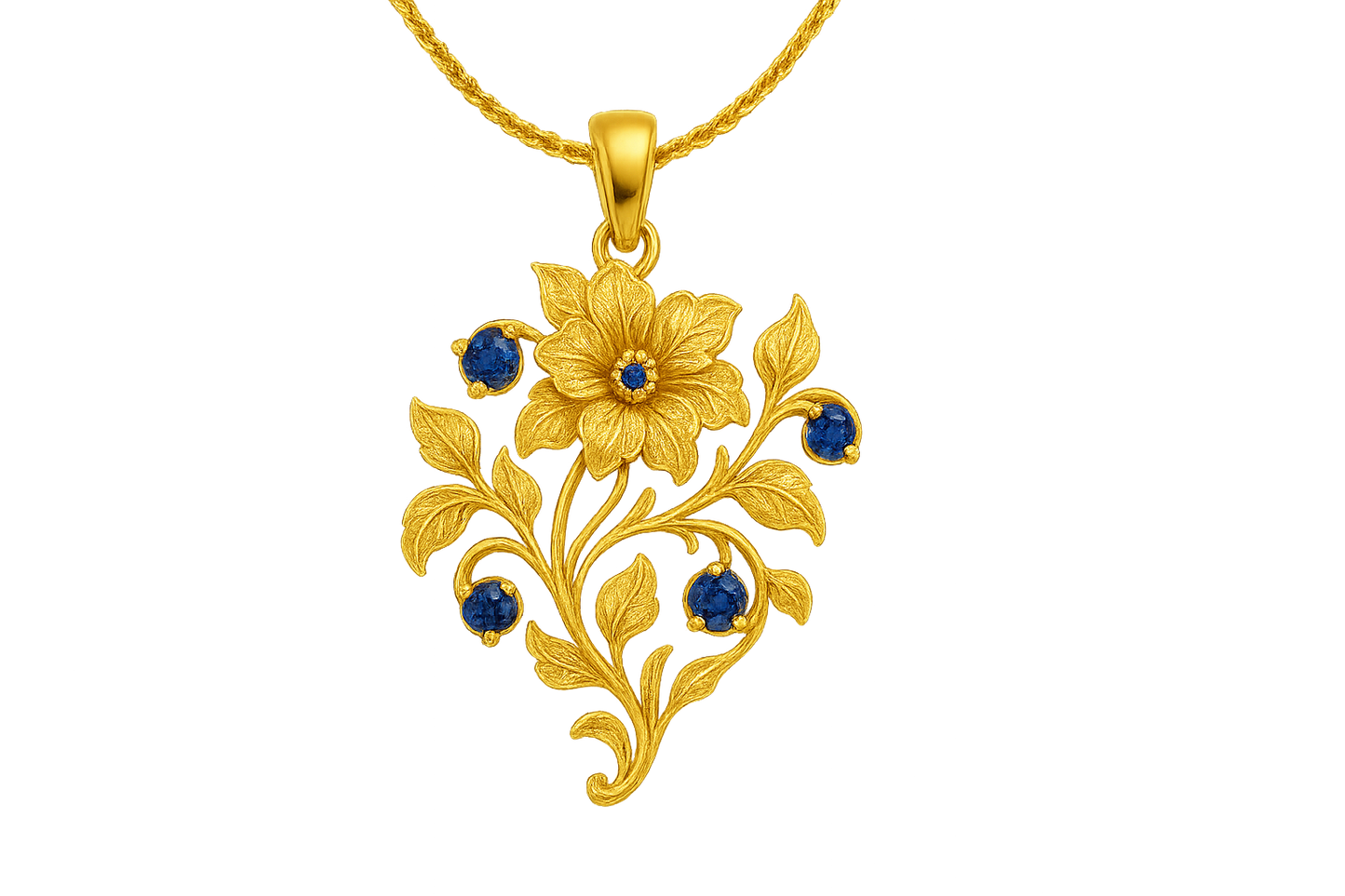 Elegant 22KT gold pendant necklace with intricate floral design. Perfect for festive and daily wear. with sapphire give the image in format no background 