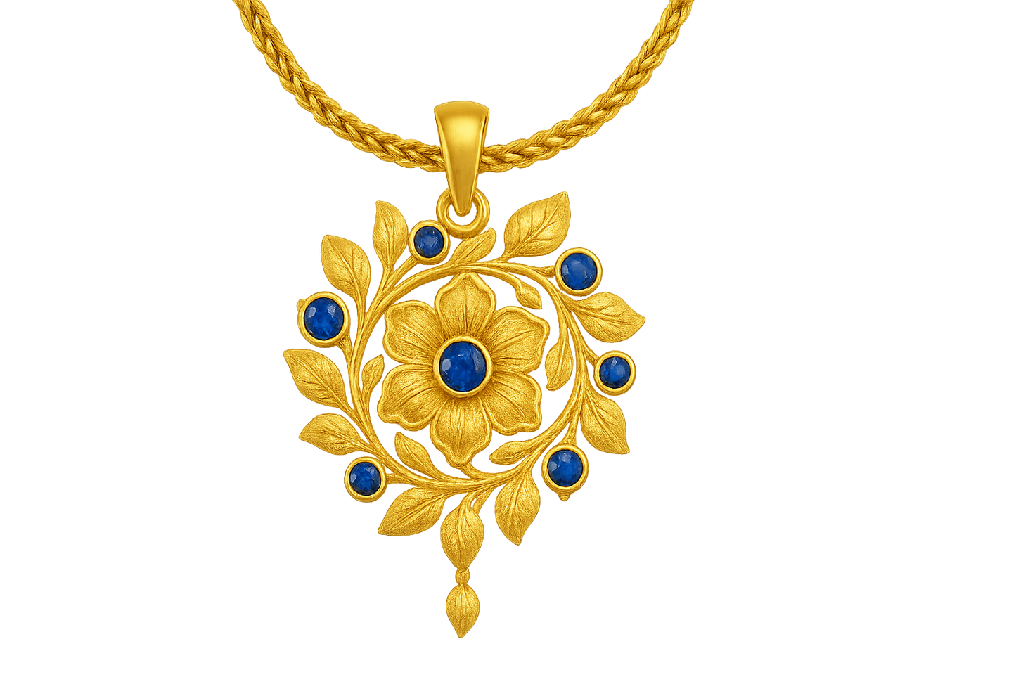 Elegant 22KT gold pendant necklace with intricate floral design. Perfect for festive and daily wear. with sapphire give the image in format no background 