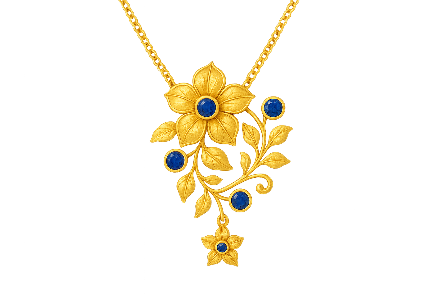 Elegant 22KT gold pendant necklace with intricate floral design. Perfect for festive and daily wear. with sapphire give the image in format no background 