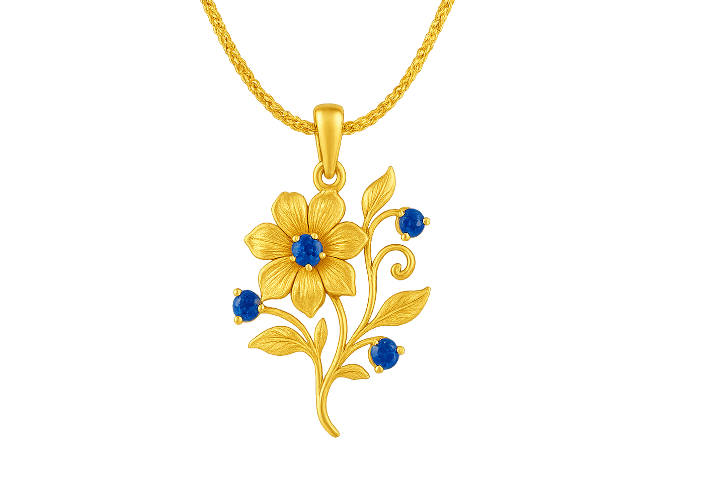 Elegant 22KT gold pendant necklace with intricate floral design. Perfect for festive and daily wear. with sapphire give the image in format no background 