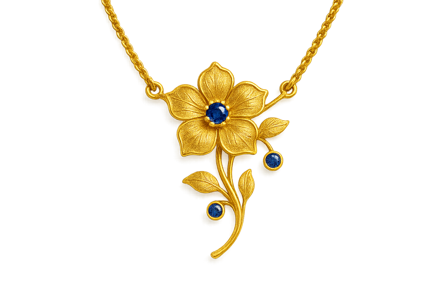 Elegant 22KT gold pendant necklace with intricate floral design. Perfect for festive and daily wear. with sapphire give the image in format no background 