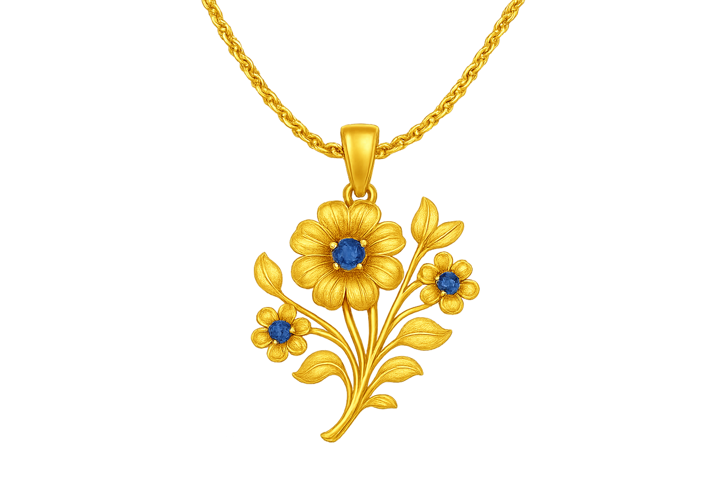 Elegant 22KT gold pendant necklace with intricate floral design. Perfect for festive and daily wear. with sapphire give the image in pnd format no background 
