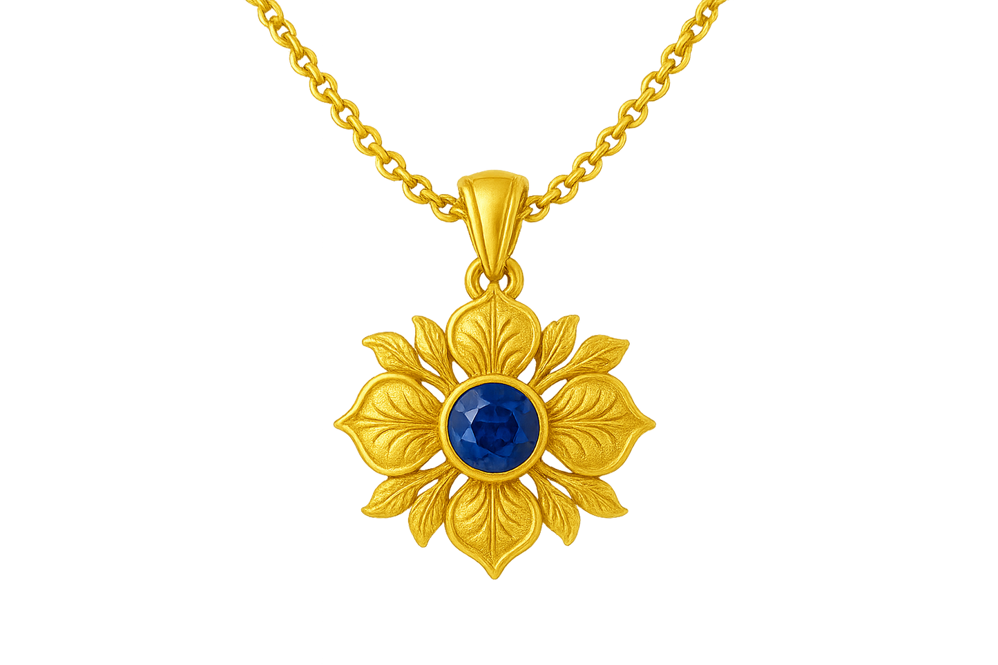 Elegant 22KT gold pendant necklace with intricate floral design. Perfect for festive and daily wear. with sapphire give the image in png format no background