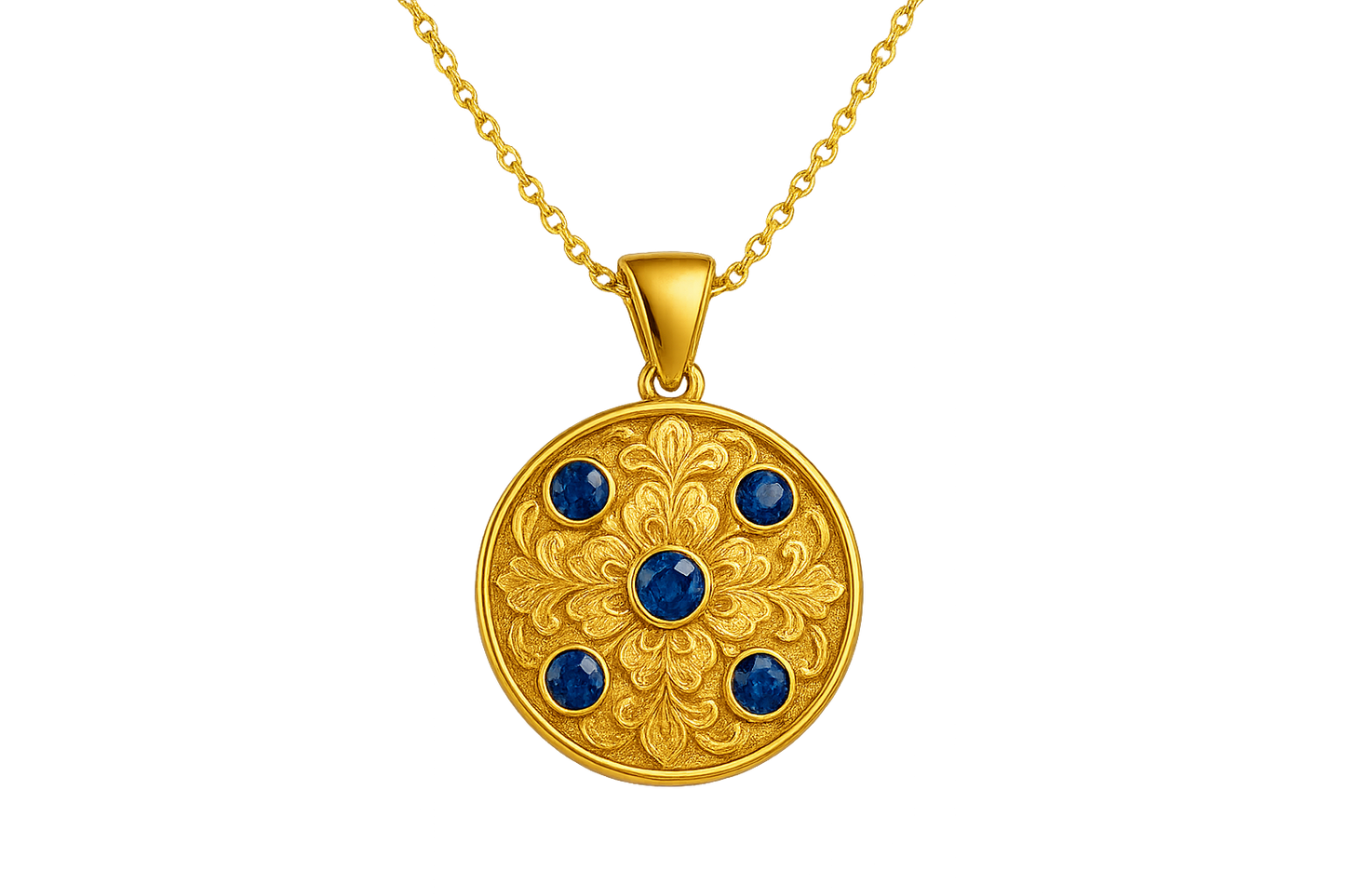 Elegant 22KT gold pendant necklace with intricate floral design. Perfect for festive and daily wear. with sapphire give the image in png format no background