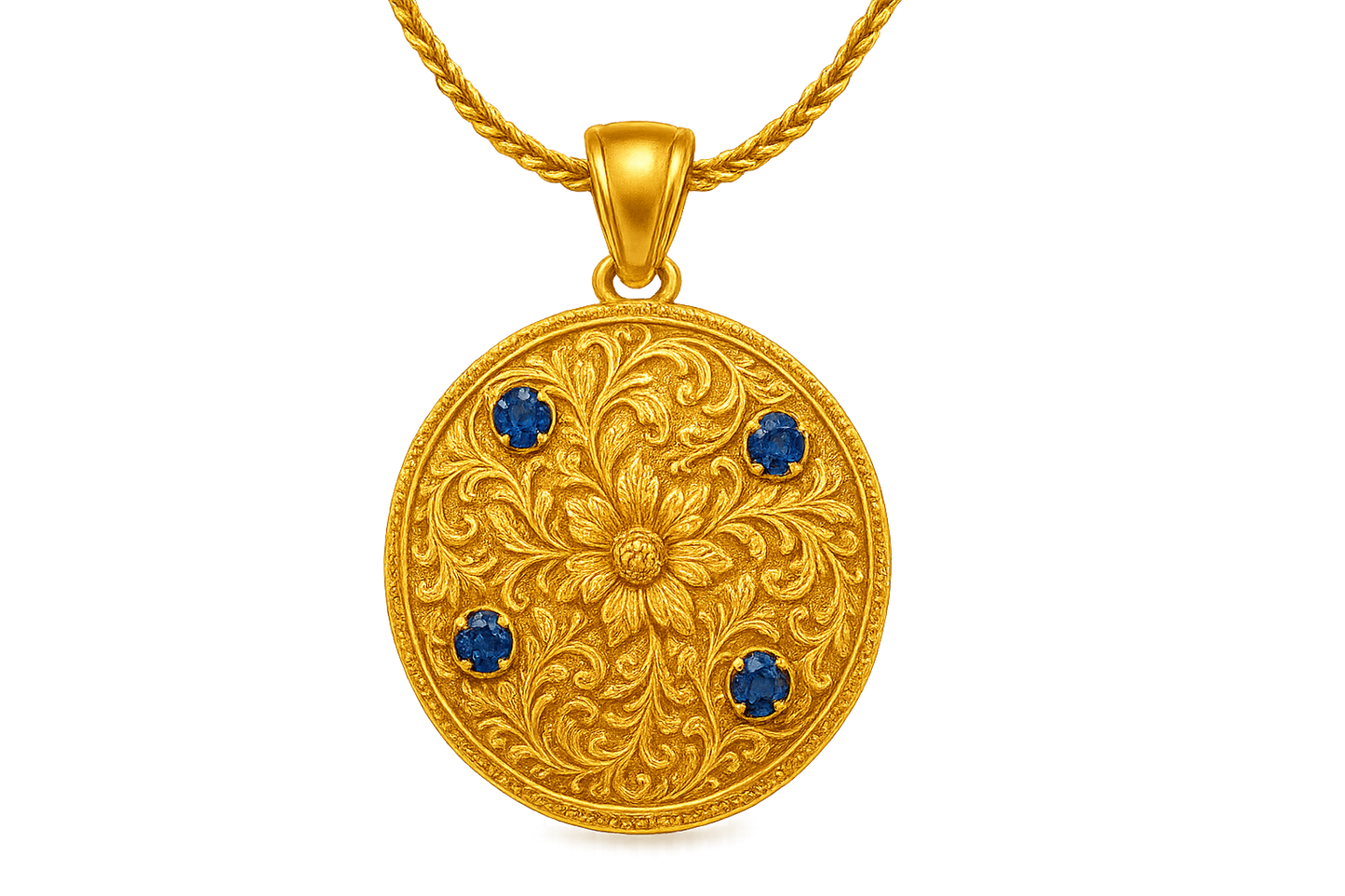 Elegant 22KT gold pendant necklace with intricate floral design. Perfect for festive and daily wear. with sapphire give the image in png format no background  