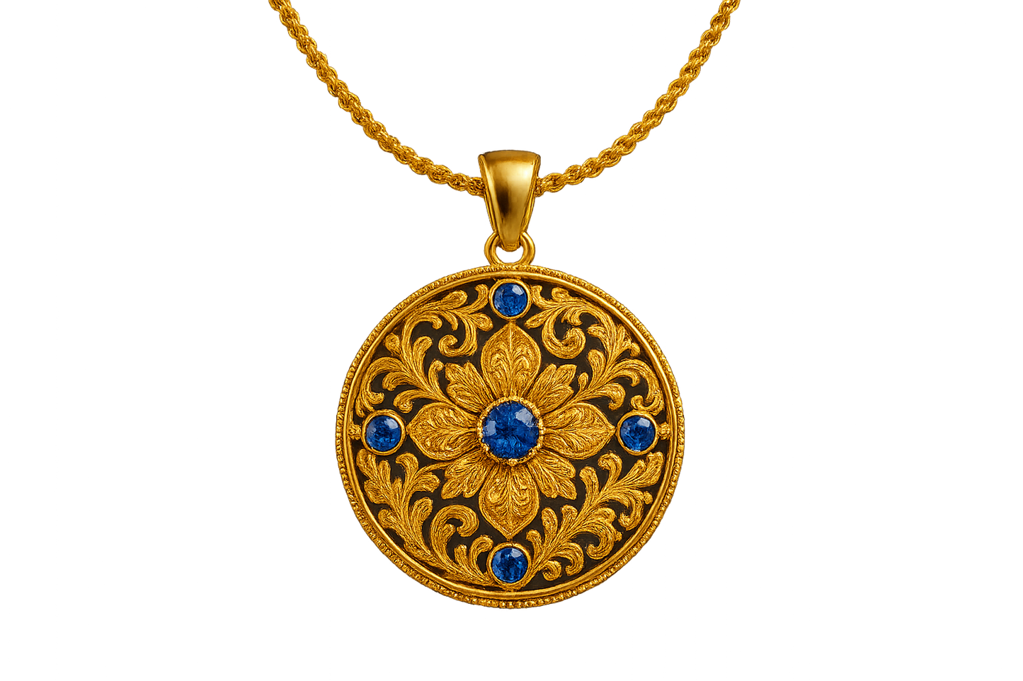 Elegant 22KT gold pendant necklace with intricate floral design. Perfect for festive and daily wear. with sapphire give the image in png format no background