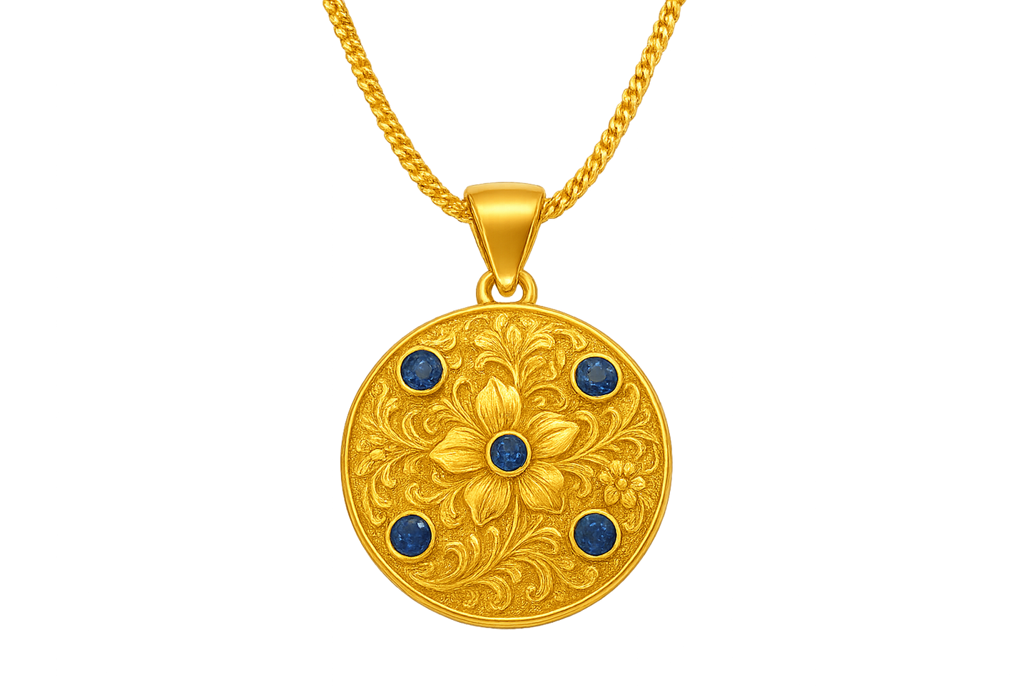Elegant 22KT gold pendant necklace with intricate floral design. Perfect for festive and daily wear. with sapphire give the image in png format no background 