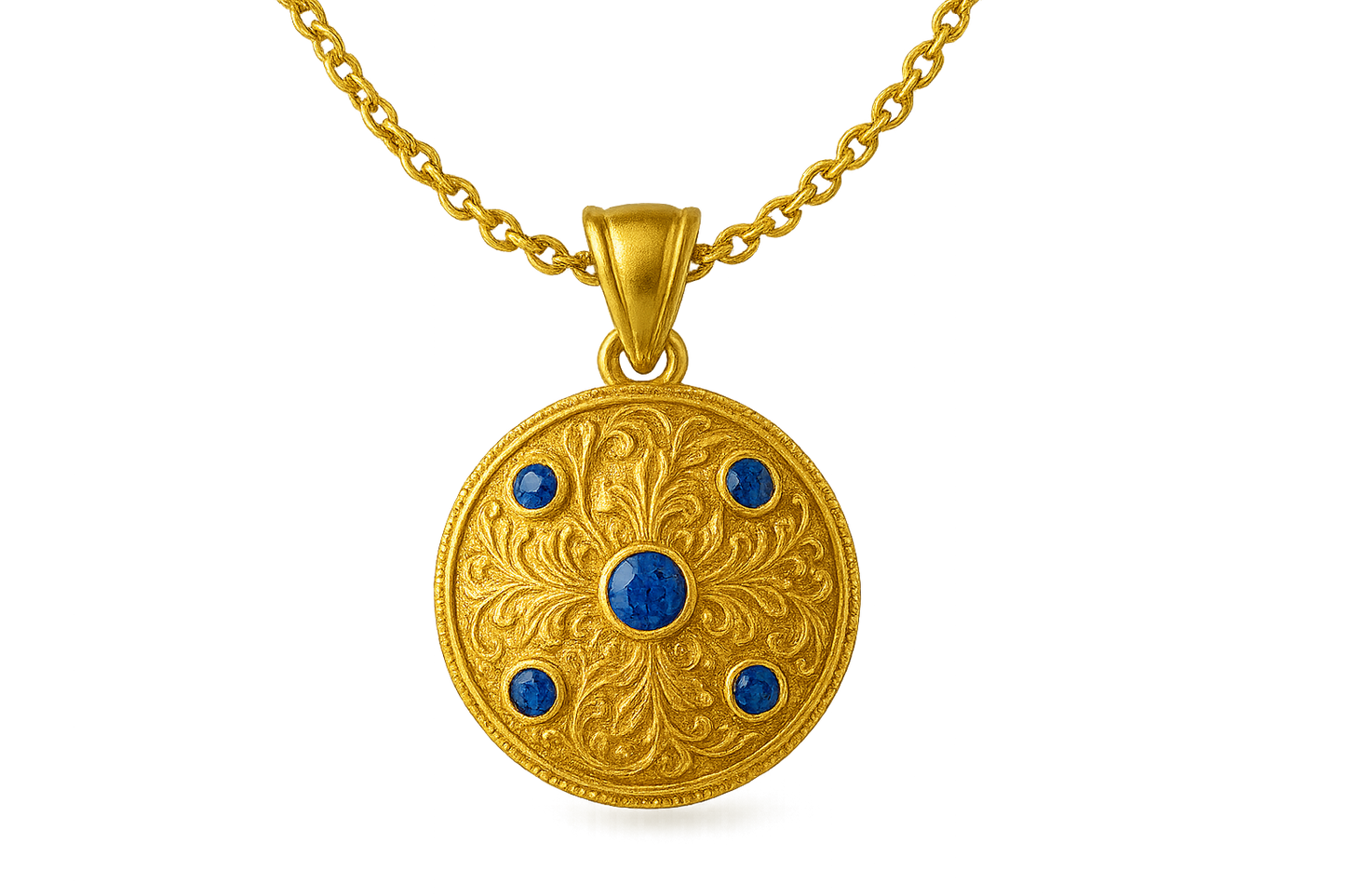 Elegant 22KT gold pendant necklace with intricate floral design. Perfect for festive and daily wear. with sapphire give the image in png format no background 