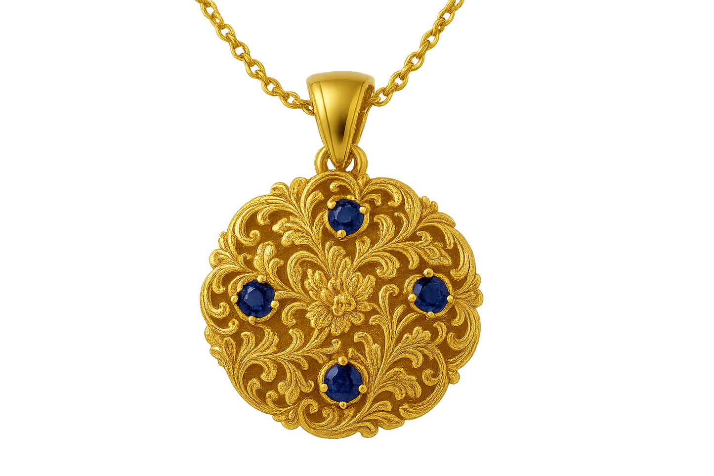 Elegant 22KT gold pendant necklace with intricate floral design. Perfect for festive and daily wear. with sapphire give the image in png format no background 