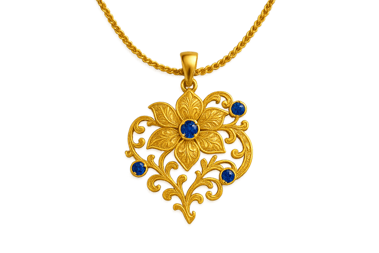 Elegant 22KT gold pendant necklace with intricate floral design. Perfect for festive and daily wear. with sapphire give the image in png format no background