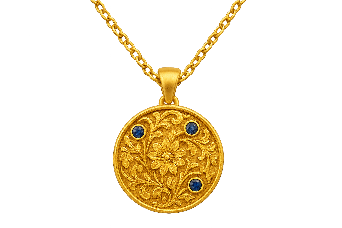 Elegant 22KT gold pendant necklace with intricate floral design. Perfect for festive and daily wear. with sapphire give the image in png format no background