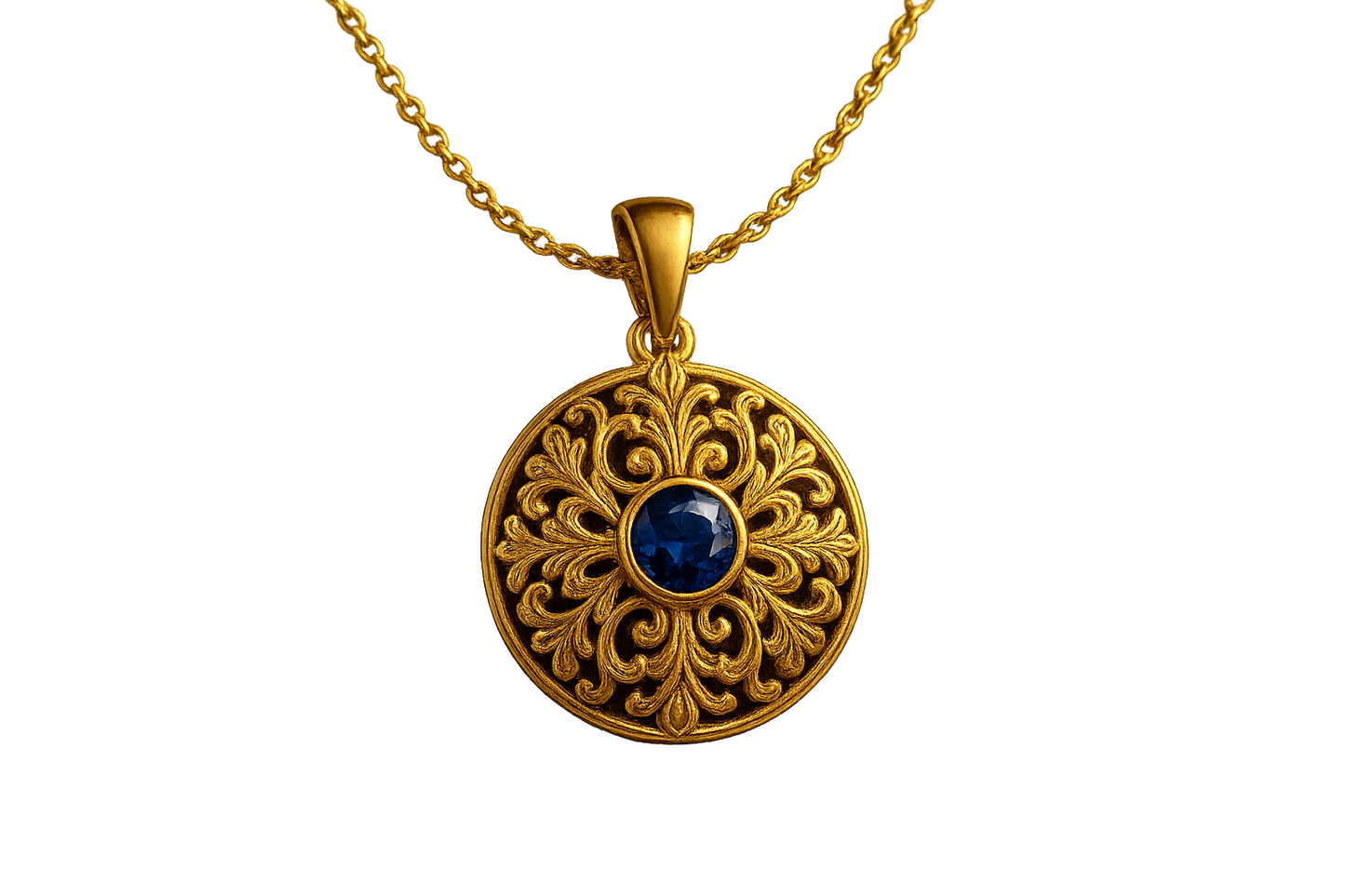 Elegant 22KT gold pendant necklace with intricate floral design. Perfect for festive and daily wear. with sapphire give the image in png format no background