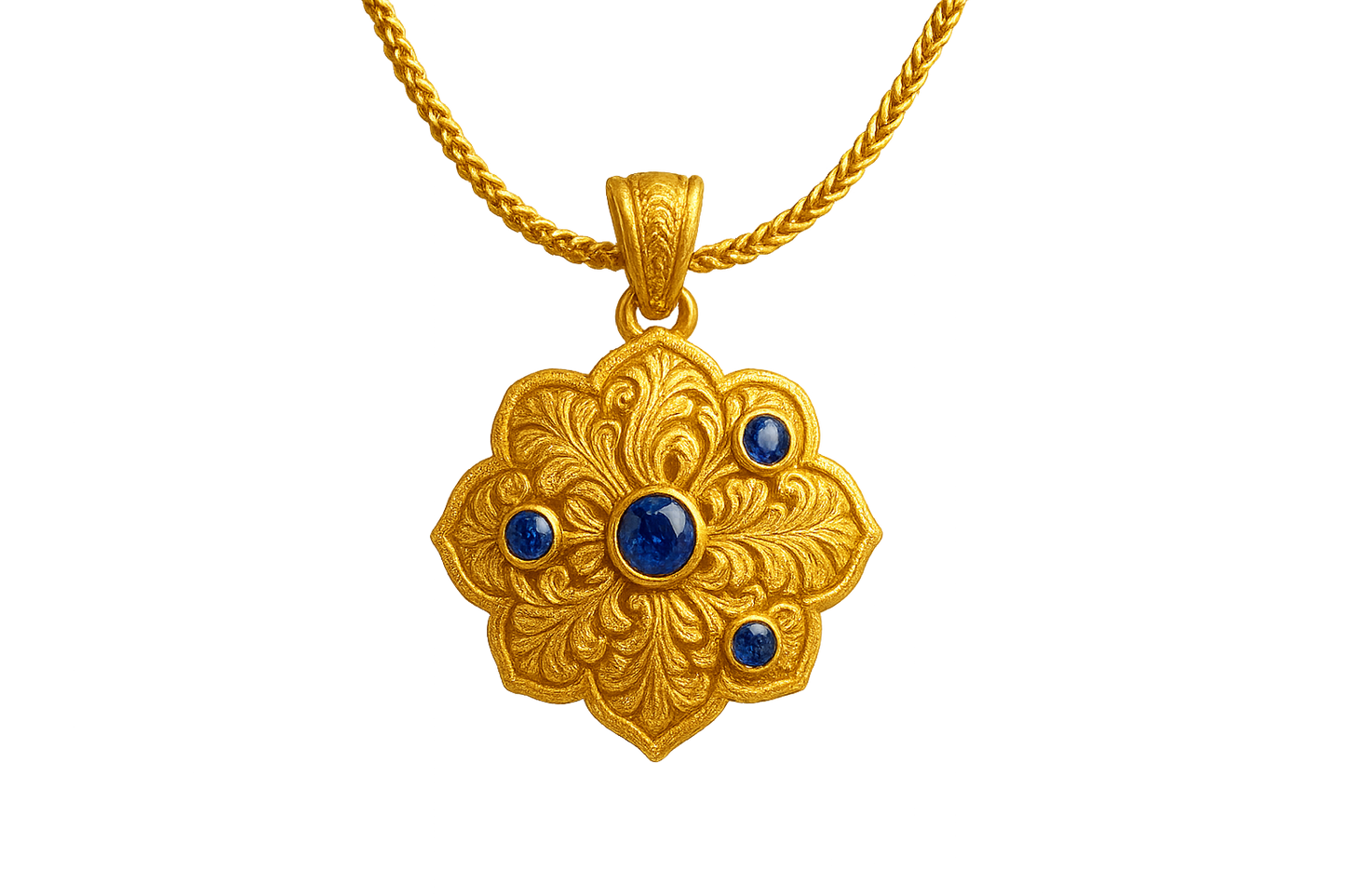 Elegant 22KT gold pendant necklace with intricate floral design. Perfect for festive and daily wear. with sapphire give the image in png format no background  