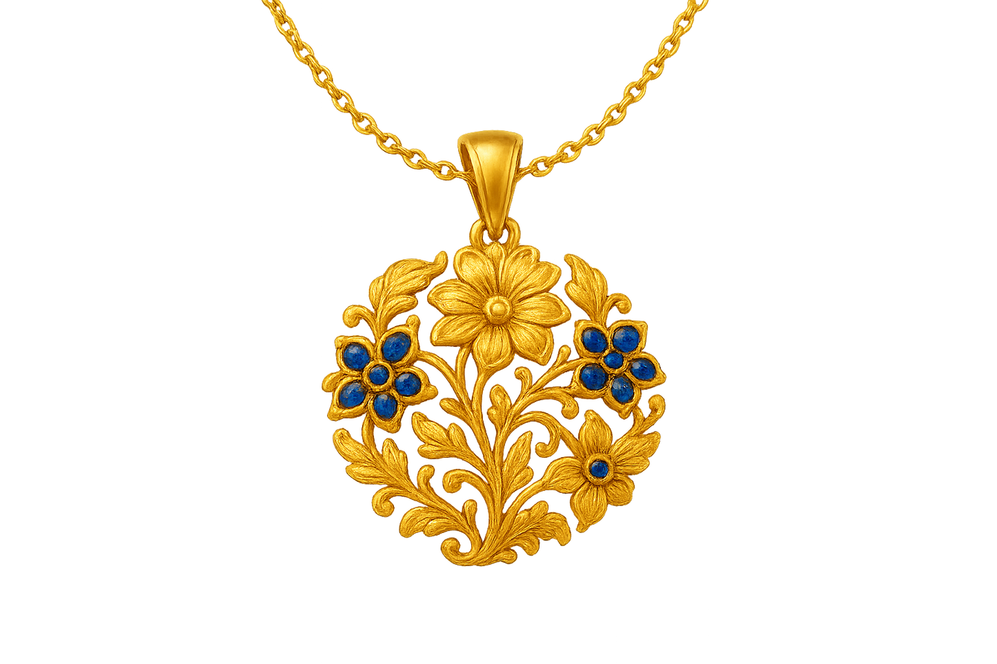 Elegant 22KT gold pendant necklace with intricate floral design. Perfect for festive and daily wear. with sapphire give the image in png format no background 