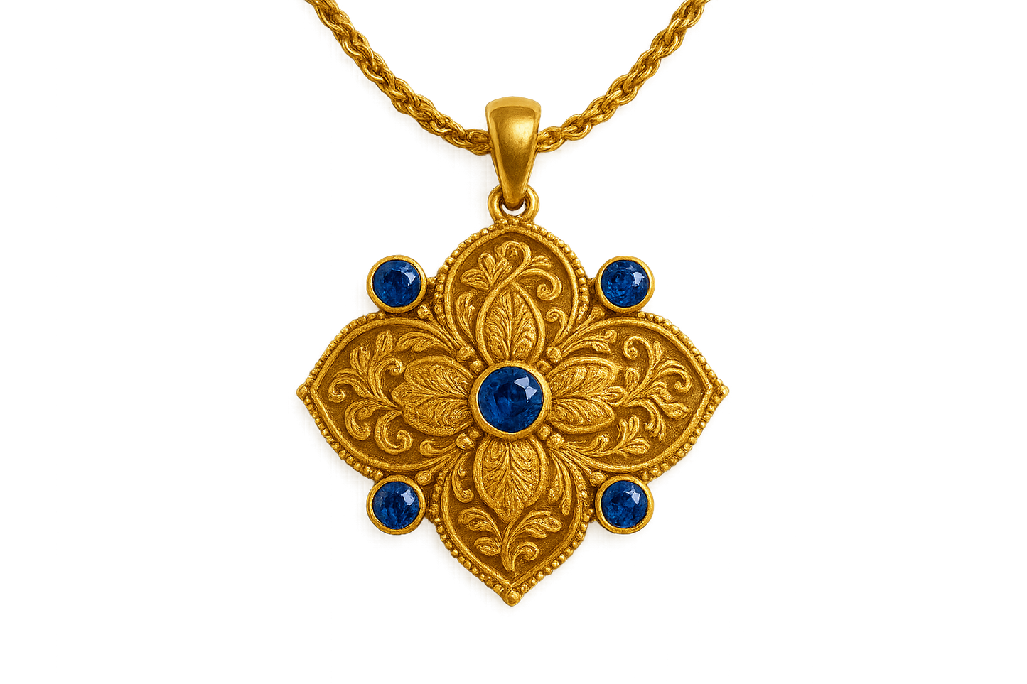 Elegant 22KT gold pendant necklace with intricate floral design. Perfect for festive and daily wear. with sapphire give the image in png format no background 