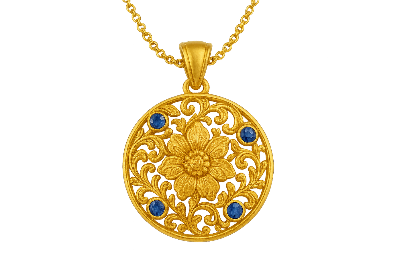 Elegant 22KT gold pendant necklace with intricate floral design. Perfect for festive and daily wear. with sapphire give the image in png format no background  