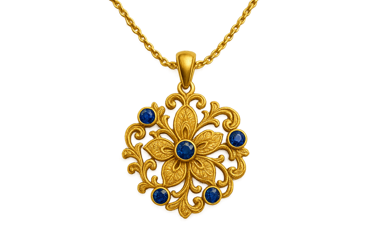 Elegant 22KT gold pendant necklace with intricate floral design. Perfect for festive and daily wear. with sapphire give the image in png format no background