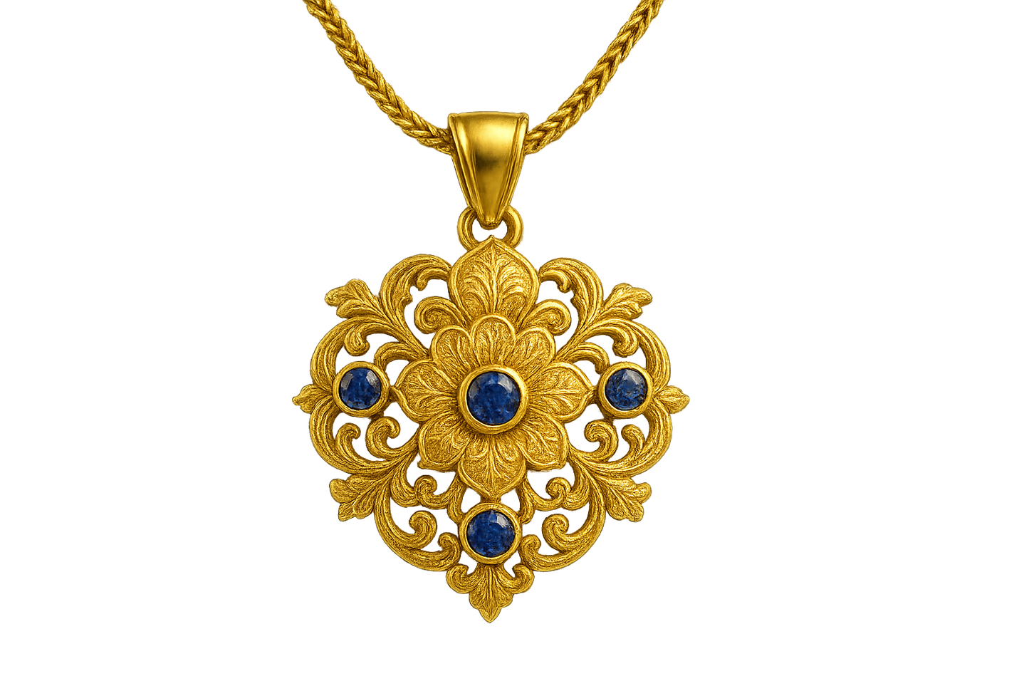 Elegant 22KT gold pendant necklace with intricate floral design. Perfect for festive and daily wear. with sapphire give the image in png format no background