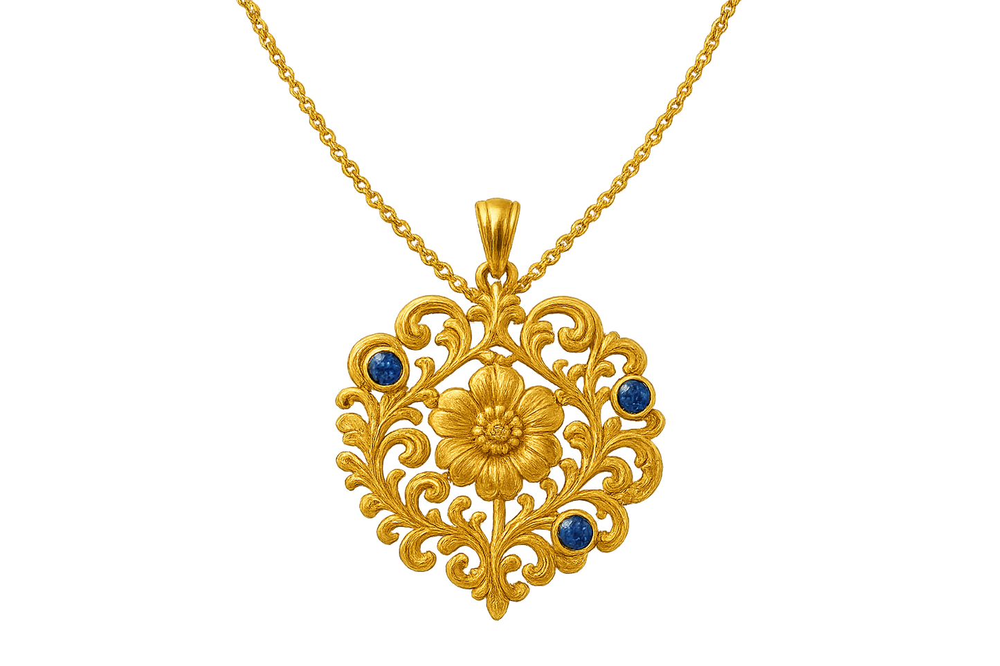 Elegant 22KT gold pendant necklace with intricate floral design. Perfect for festive and daily wear. with sapphire give the image in png format no background  