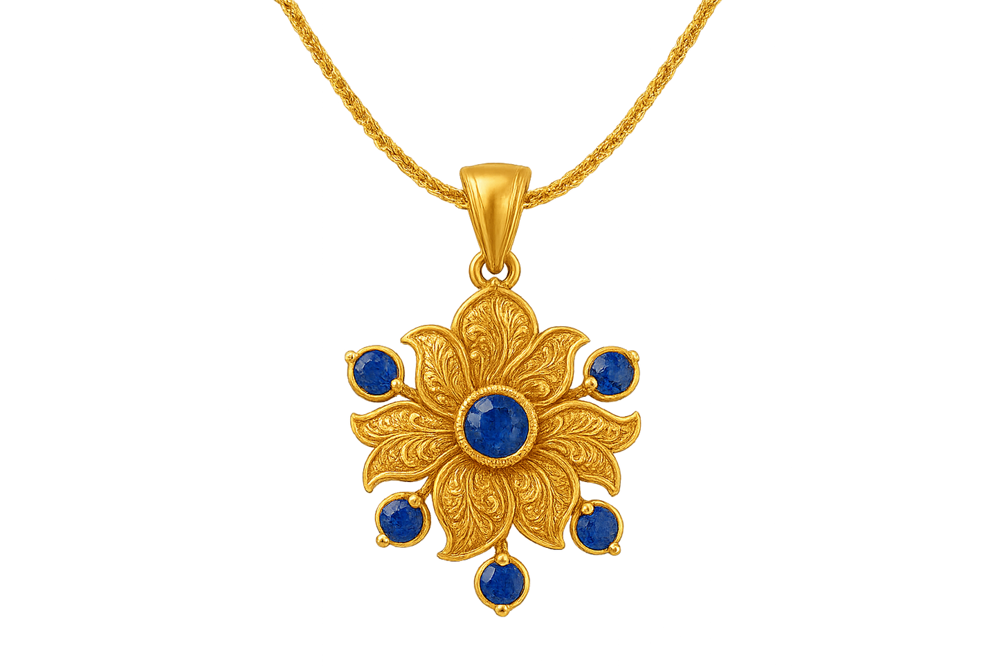 Elegant 22KT gold pendant necklace with intricate floral design. Perfect for festive and daily wear. with sapphire give the image in png format no background 