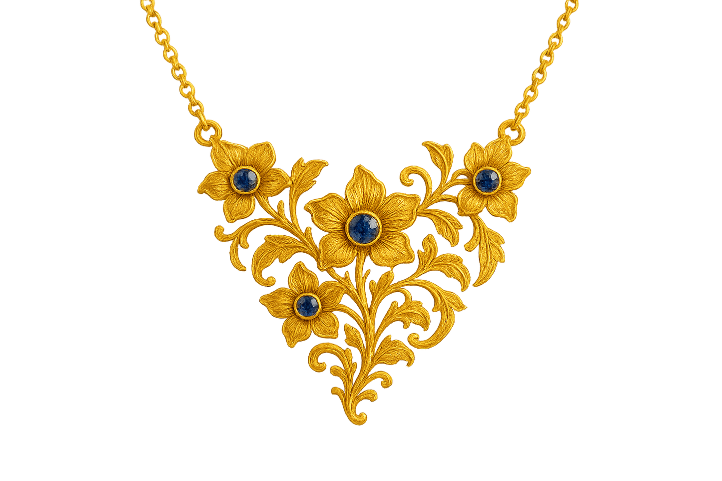 Elegant 22KT gold pendant necklace with intricate floral design. Perfect for festive and daily wear. with sapphire give the image in png format no background 