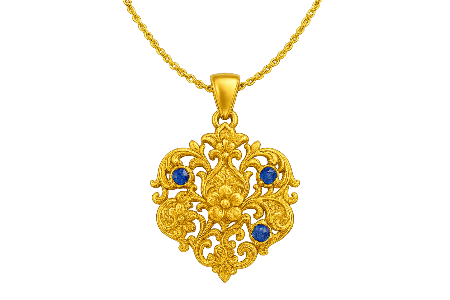 Elegant 22KT gold pendant necklace with intricate floral design. Perfect for festive and daily wear. with sapphire give the image in png format no background