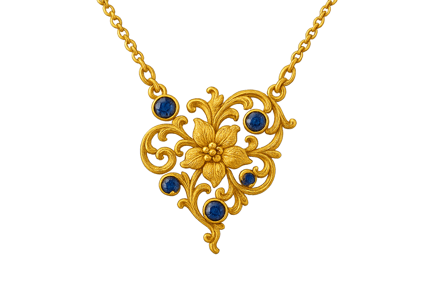 Elegant 22KT gold pendant necklace with intricate floral design. Perfect for festive and daily wear. with sapphire give the image in png format no background 