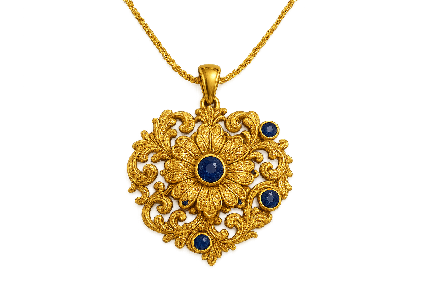 Elegant 22KT gold pendant necklace with intricate floral design. Perfect for festive and daily wear. with sapphire give the image in png format no background 