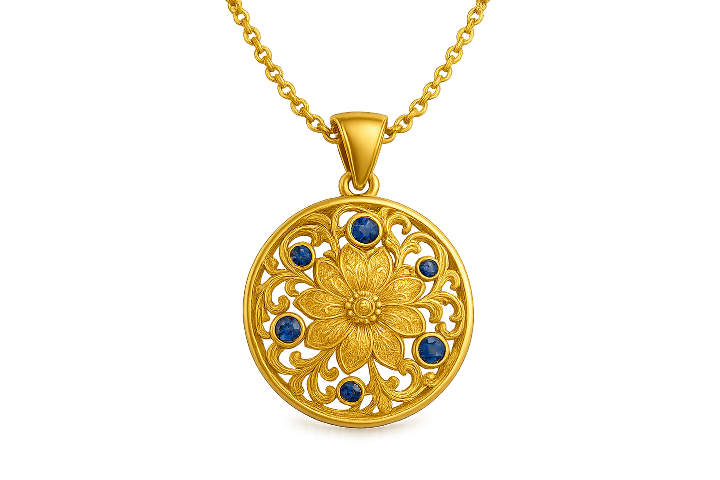 Elegant 22KT gold pendant necklace with intricate floral design. Perfect for festive and daily wear. with sapphire give the image in png format no background  