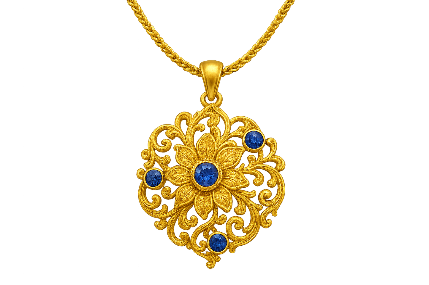  Elegant 22KT gold pendant necklace with intricate floral design. Perfect for festive and daily wear. with sapphire give the image in png format no background