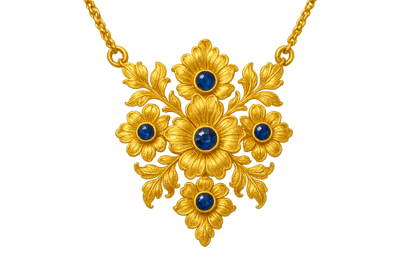 Elegant 22KT gold pendant necklace with intricate floral design. Perfect for festive and daily wear. with sapphire give the image in png format no background 