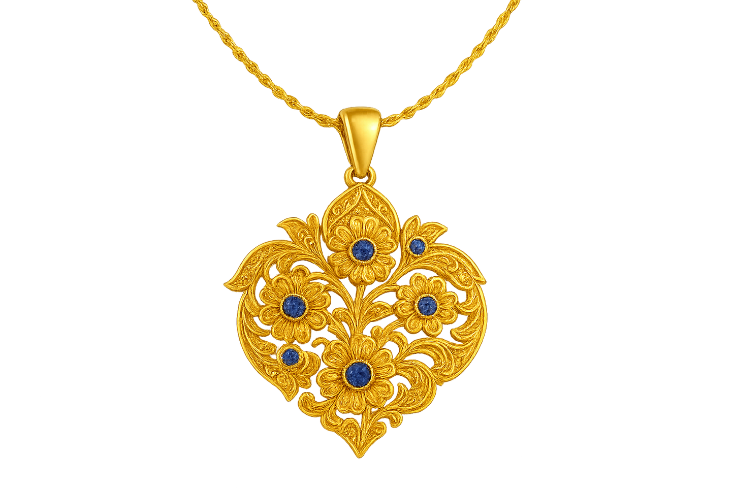 Elegant 22KT gold pendant necklace with intricate floral design. Perfect for festive and daily wear. with sapphire give the image in png format no background