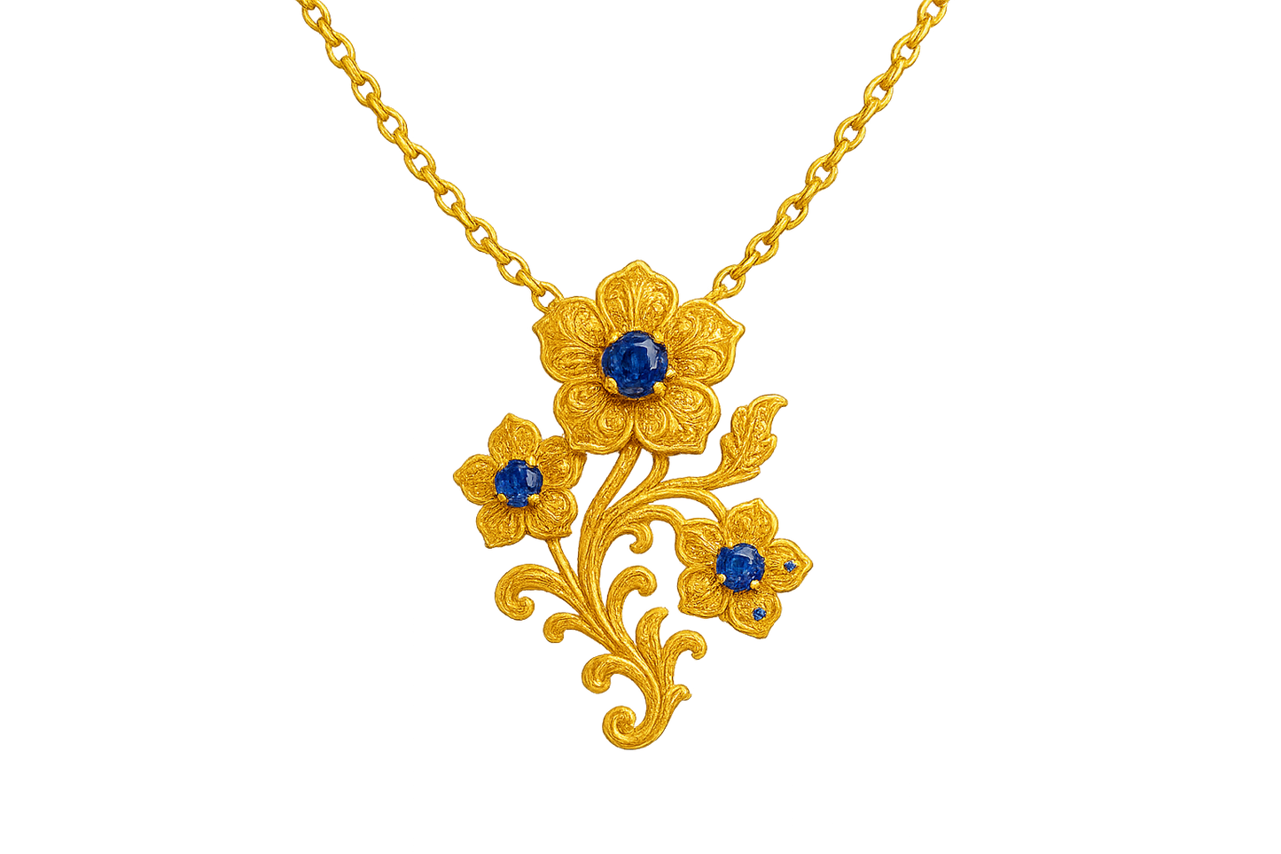 Elegant 22KT gold pendant necklace with intricate floral design. Perfect for festive and daily wear. with sapphire give the image in png format no background