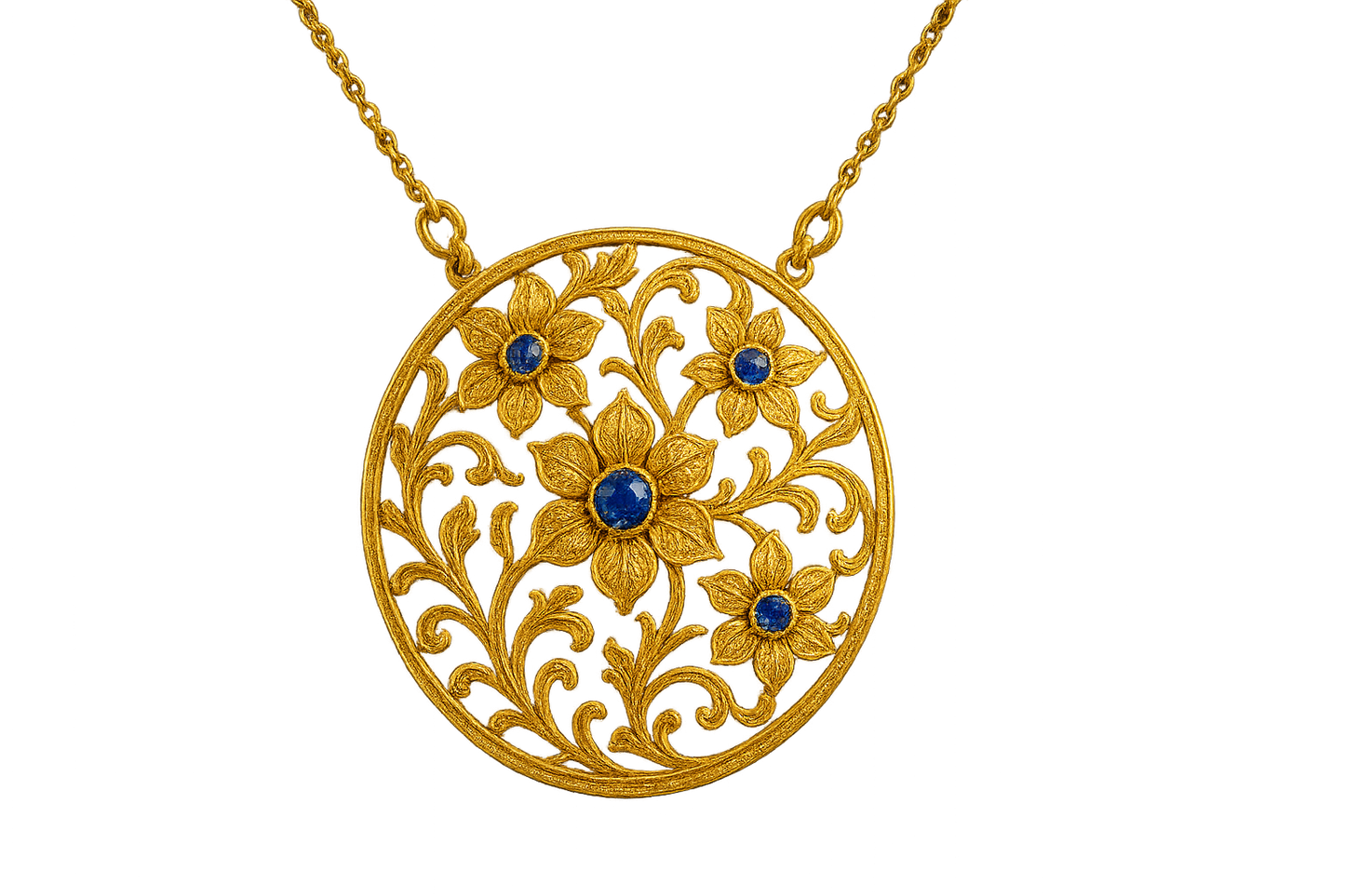 Elegant 22KT gold pendant necklace with intricate floral design. Perfect for festive and daily wear. with sapphire give the image in png format no background  
