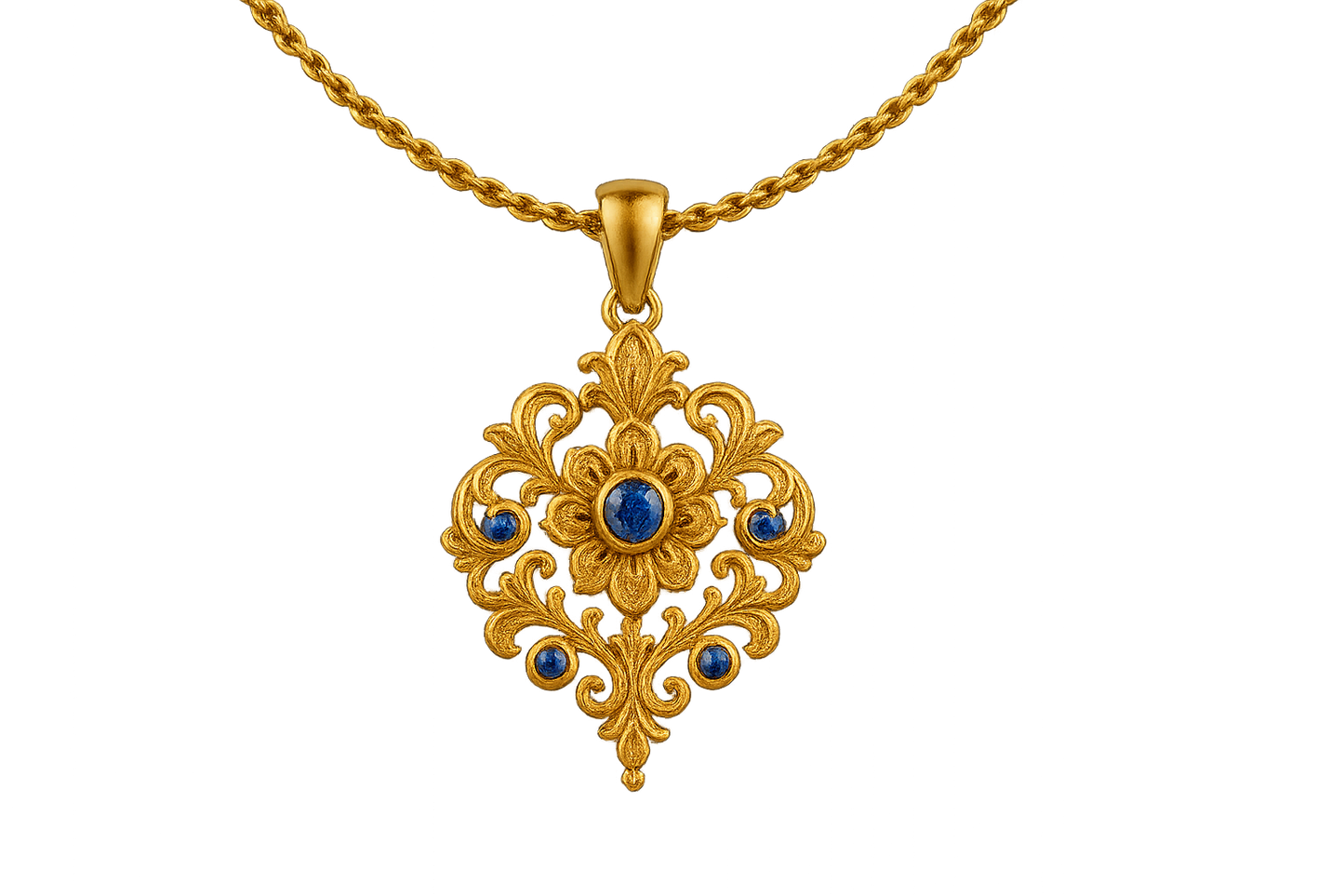 Elegant 22KT gold pendant necklace with intricate floral design. Perfect for festive and daily wear. with sapphire give the image in png format no background 