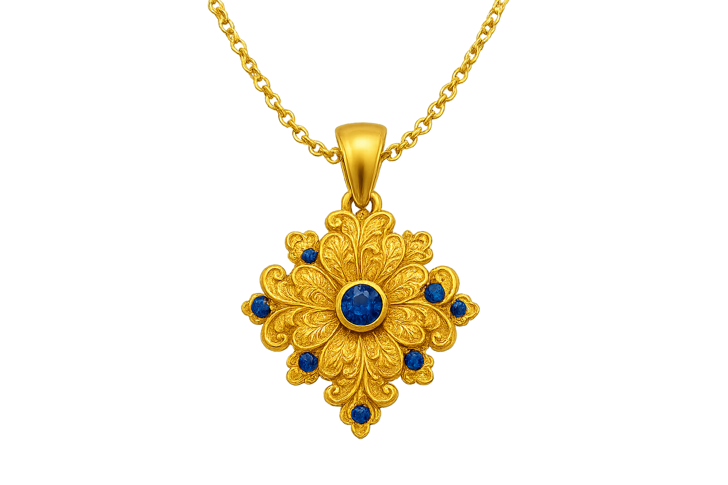 Elegant 22KT gold pendant necklace with intricate floral design. Perfect for festive and daily wear. with sapphire give the image in png format no background
