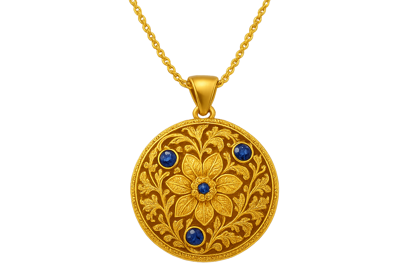 Elegant 22KT gold pendant necklace with intricate floral design. Perfect for festive and daily wear. with sapphire give the image in png format no background 
