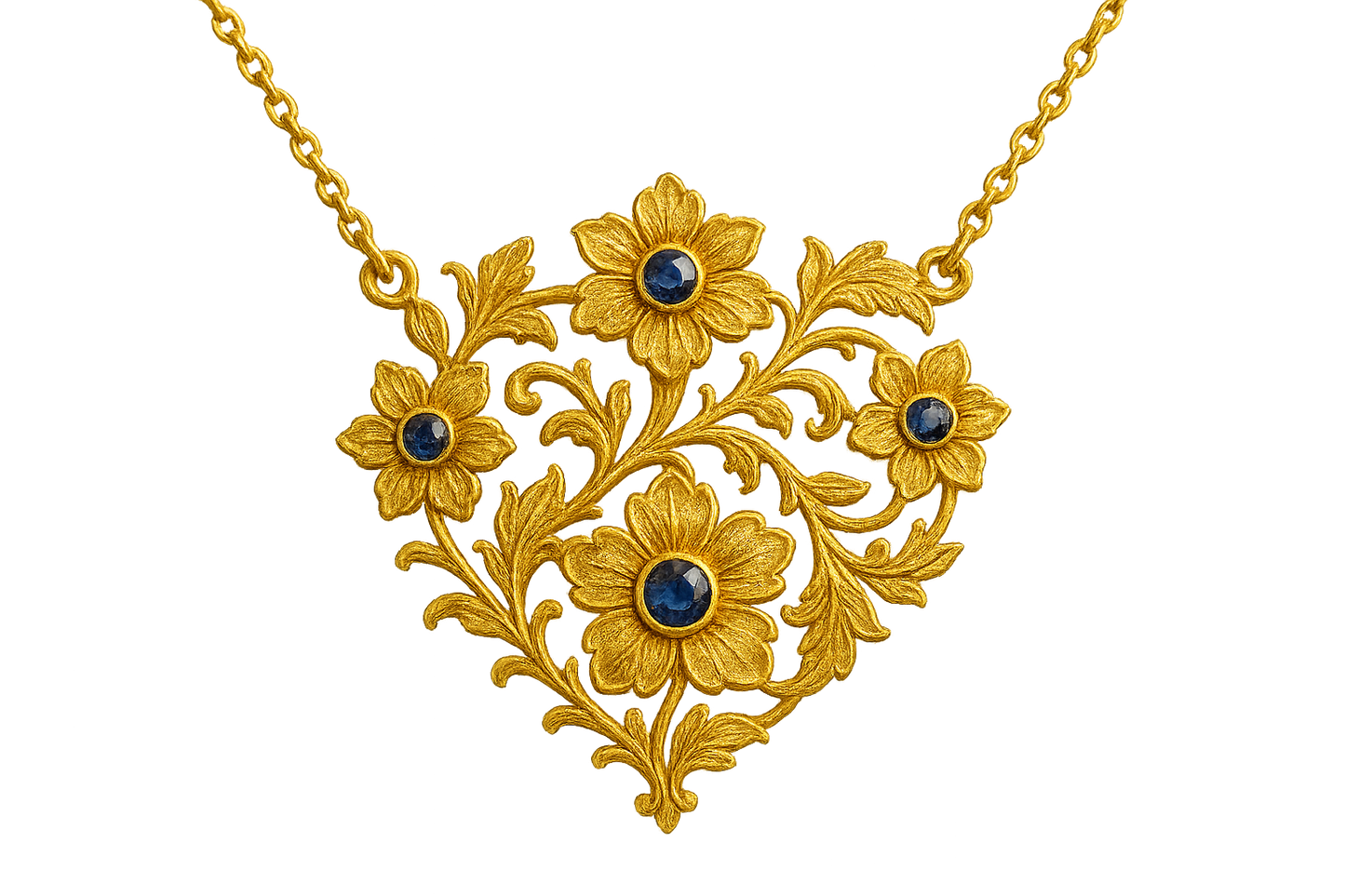 Elegant 22KT gold pendant necklace with intricate floral design. Perfect for festive and daily wear. with sapphire give the image in png format no background 