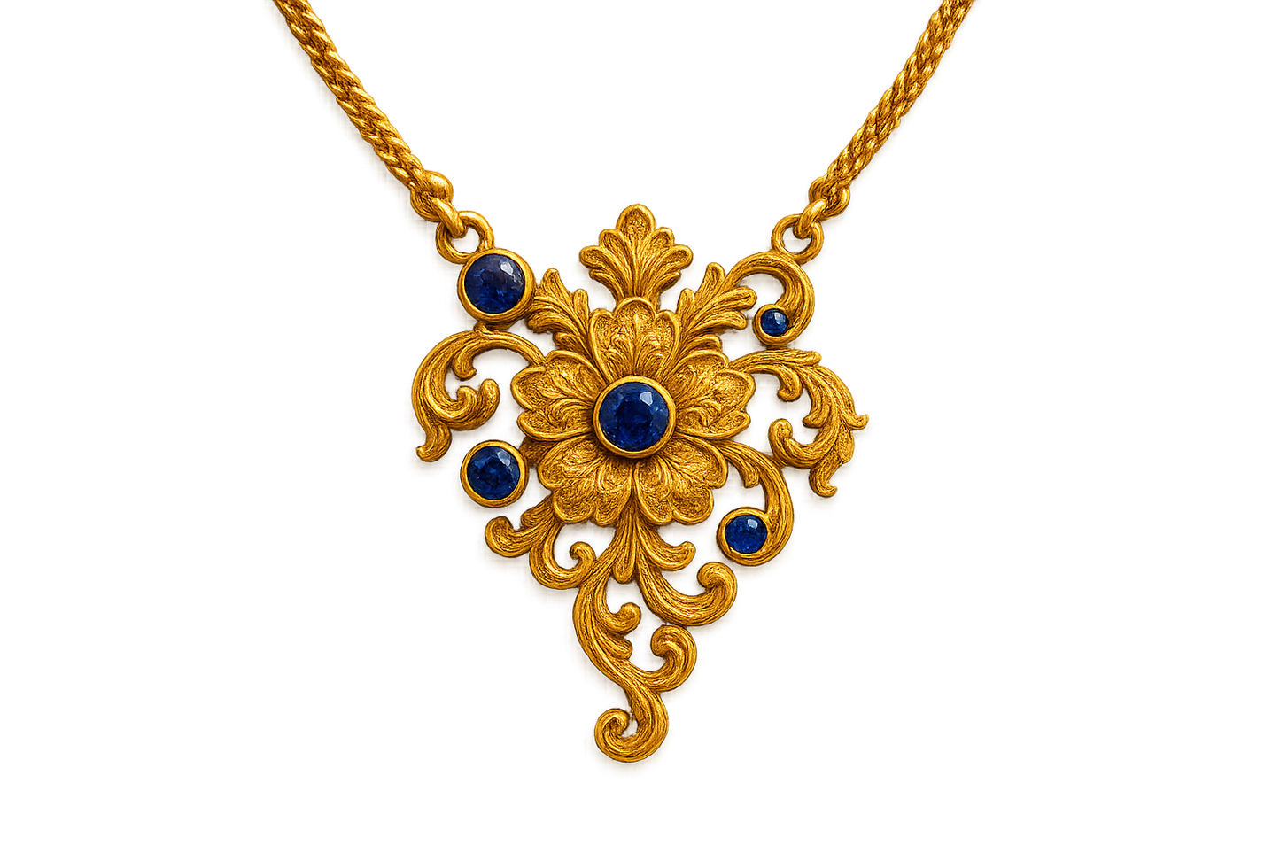 Elegant 22KT gold pendant necklace with intricate floral design. Perfect for festive and daily wear. with sapphire give the image in png format no background 