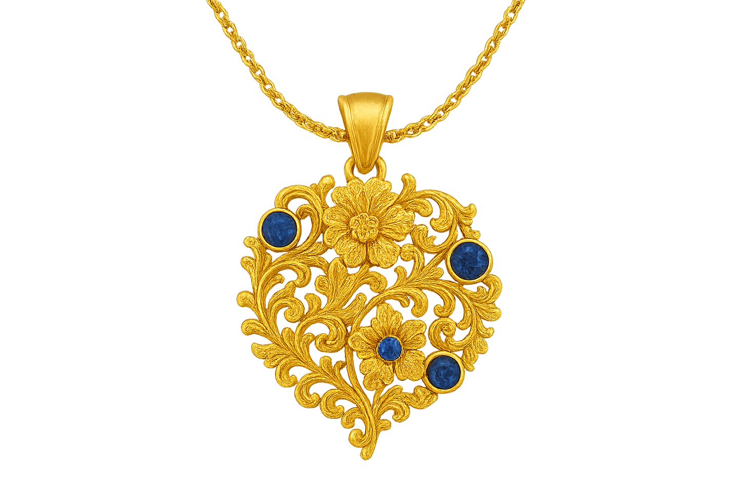 Elegant 22KT gold pendant necklace with intricate floral design. Perfect for festive and daily wear. with sapphire give the image in png format no background 