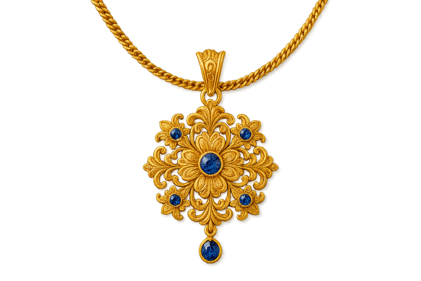 Elegant 22KT gold pendant necklace with intricate floral design. Perfect for festive and daily wear.with sapphire give the image in png format no background 