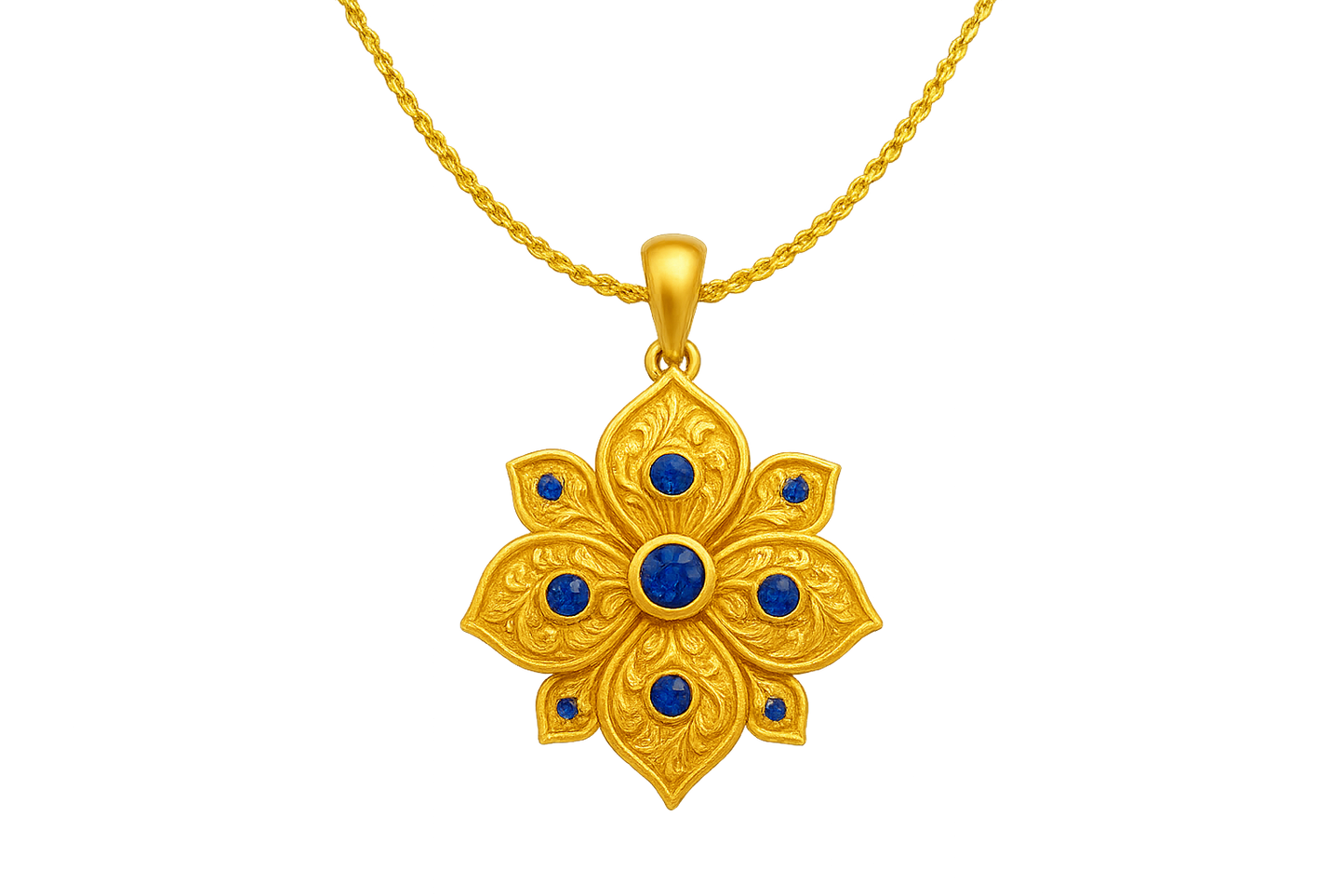 Elegant 22KT gold pendant necklace with intricate floral design. Perfect for festive and daily wear. with sapphire give the image in png format no background