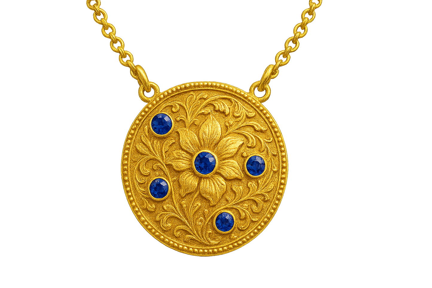 Elegant 22KT gold pendant necklace with intricate floral design. Perfect for festive and daily wear. with sapphire give the image in png format no background 