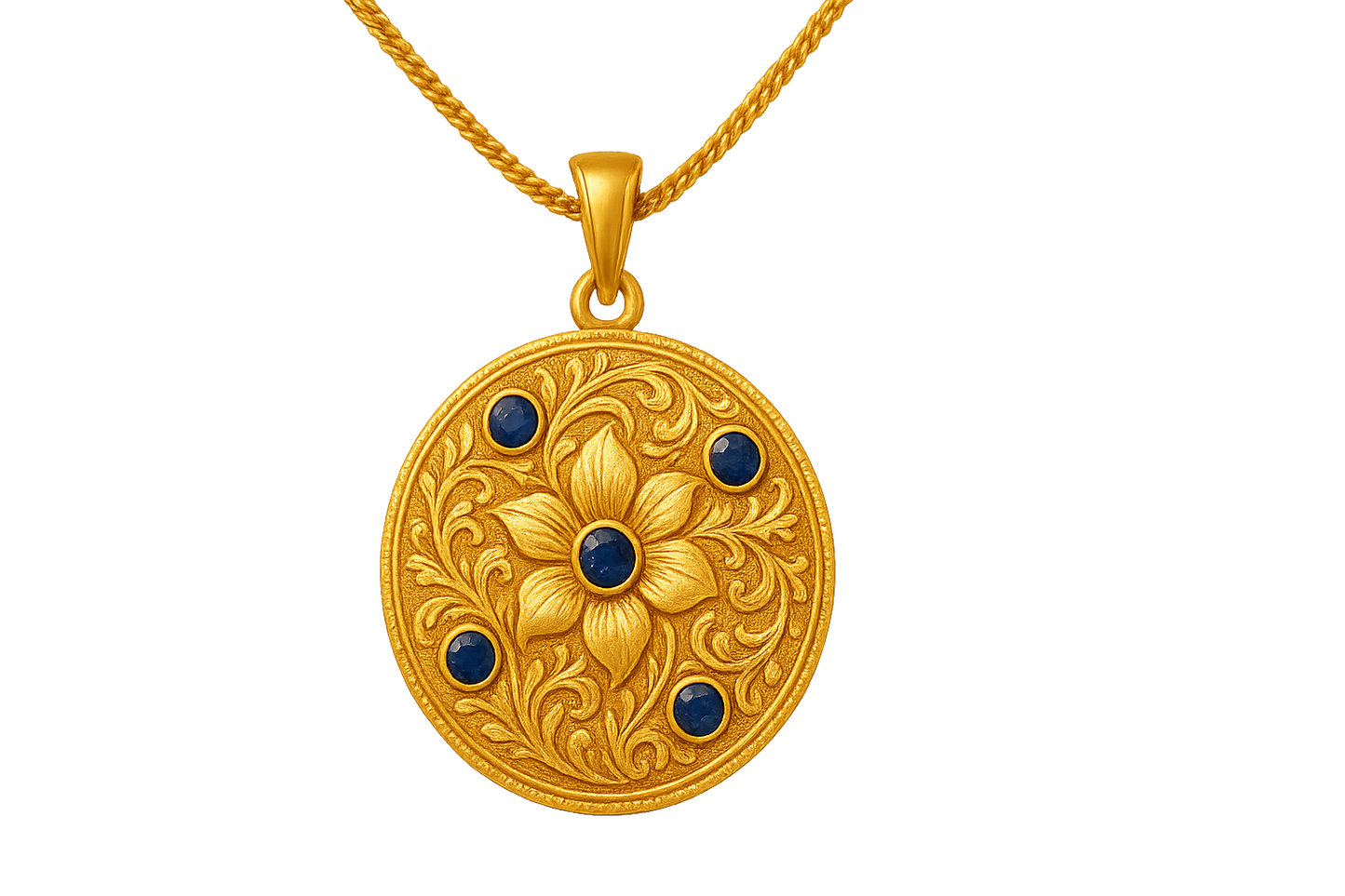 Elegant 22KT gold pendant necklace with intricate floral design. Perfect for festive and daily wear. with sapphire  give the image in png format no background  